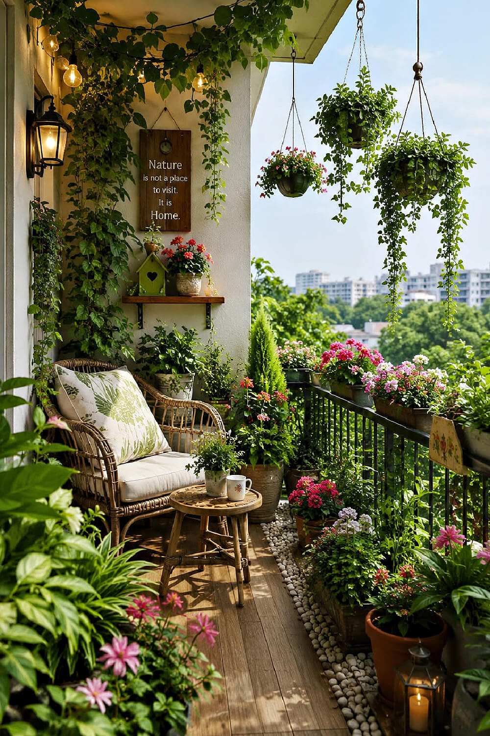 Turn your balcony into paradise with a chair and plants both sitting and hanging.