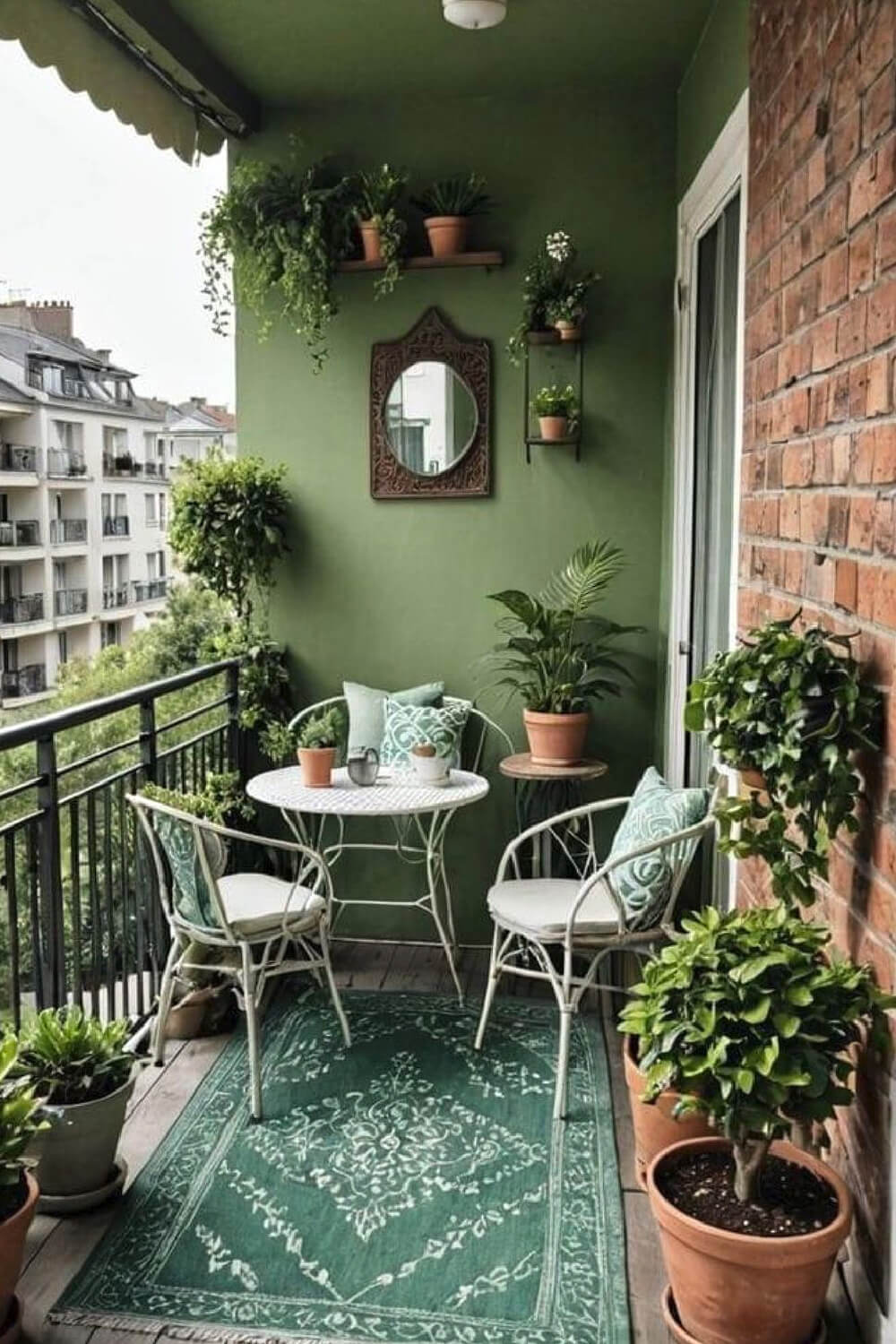 Turn your balcony into paradise with a patio table with chairs and house plants.