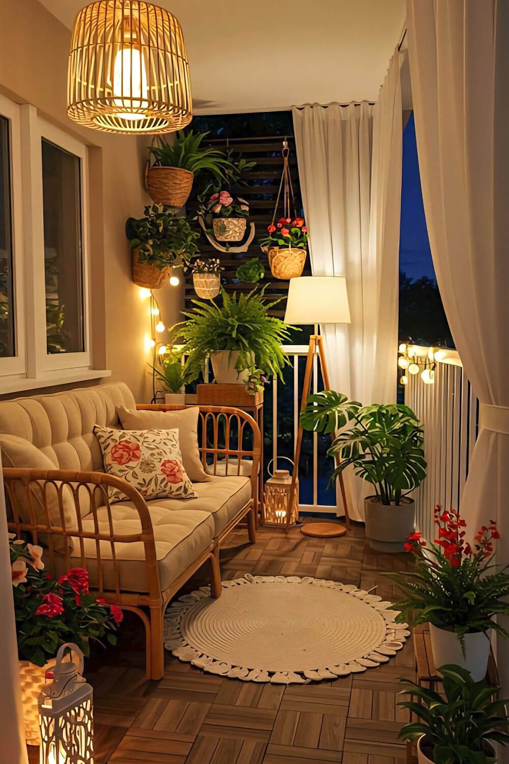 A rattan settee with neutral cushions, houseplants, lighting, and curtains.