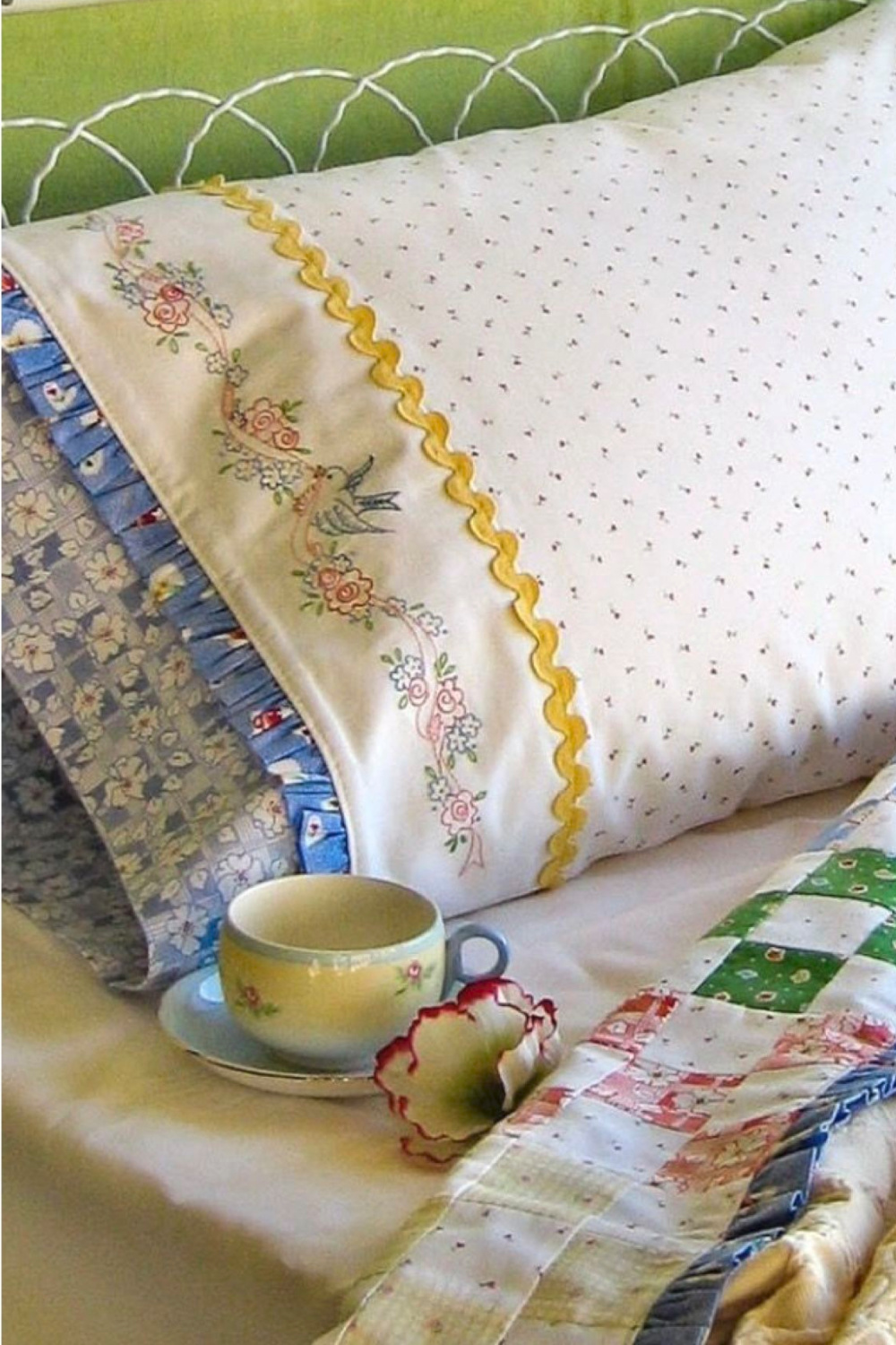 Add a little romance to cottage-core rooms with special embellishments added to pillow cases.