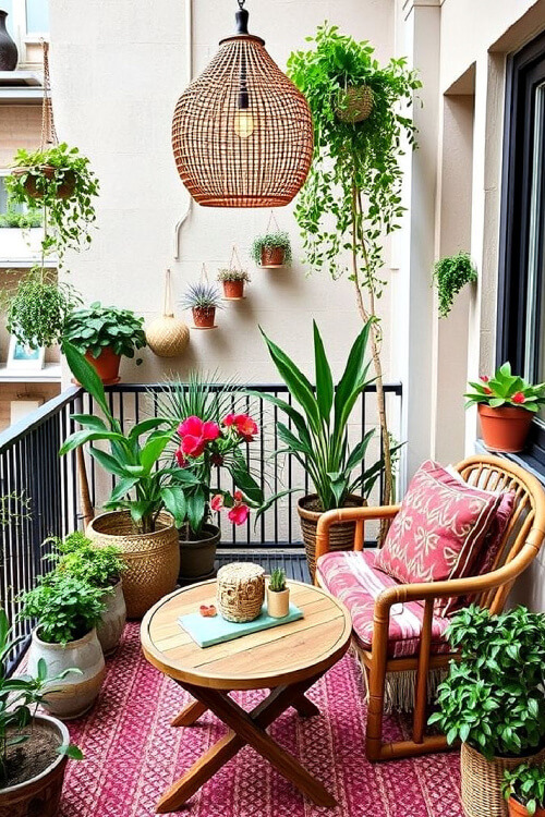 Turn your balcony into paradise with a rattan chair, round table, and plants.