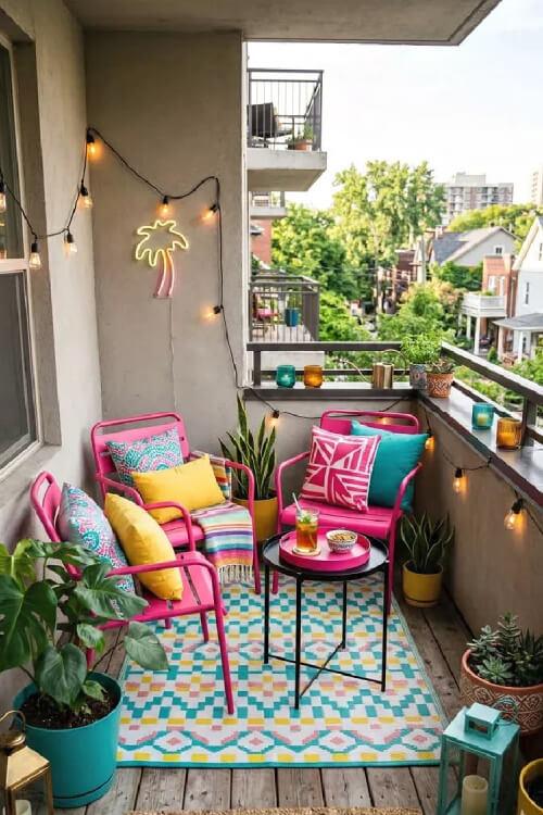 In Creative Ways to Decorate an Apartment Balcony, three pink chairs with pillows on a colorful rug with twinkle lights, candles, and plants.