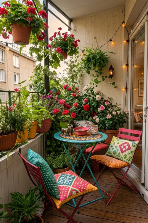 Colorful patio table and chairs with lots of flowering plants.