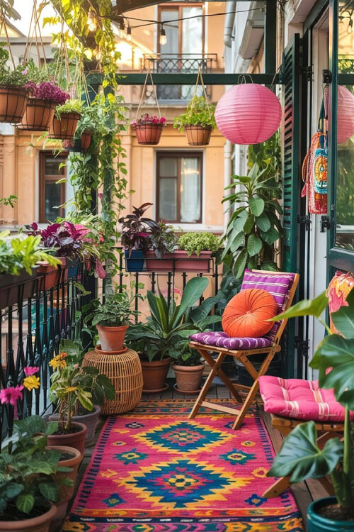 Turn your balcony into paradise with plants and balloon-style lighting.