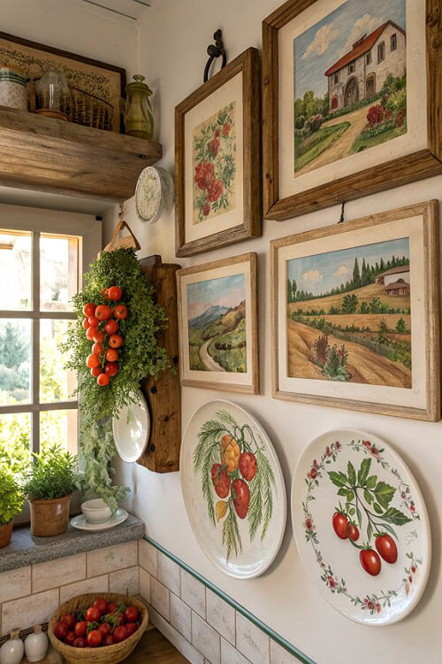 A wall with "tomato are" framed, and dishes hanging on the wall with food motifs.