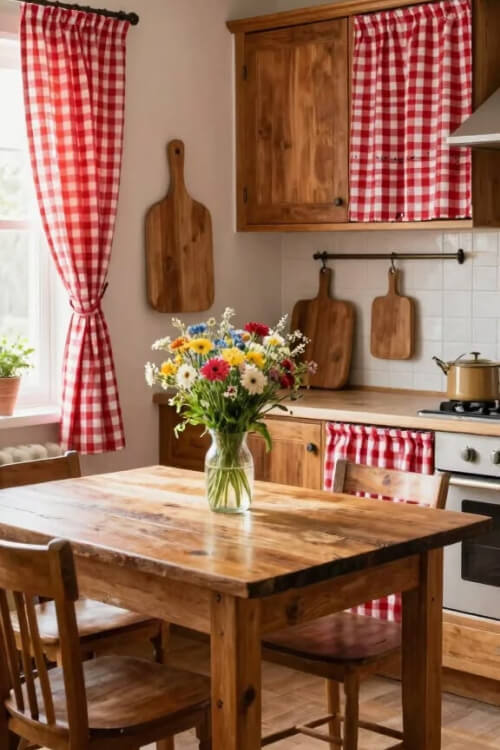 Adding the Tomatocore Aesthetic to Your Home is about red and white curtains and old farmhouse tables with a bouquet of garden flowers.