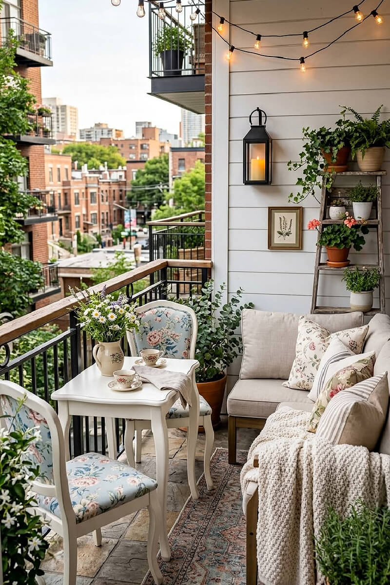 Turn your balcony into paradise into a French-country style with a table and chairs with sectional type seating with a ladder and plants.