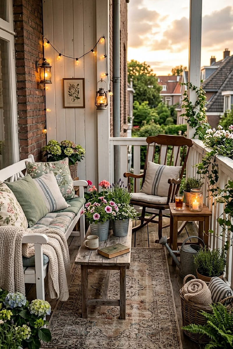 A white bench with cushions and a rocking chair on the balcony.