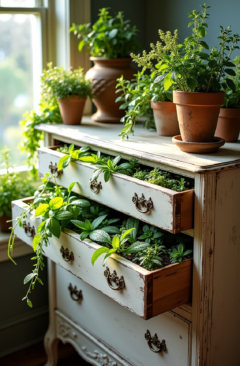 Worn dresser with plants planted in dirt inside.