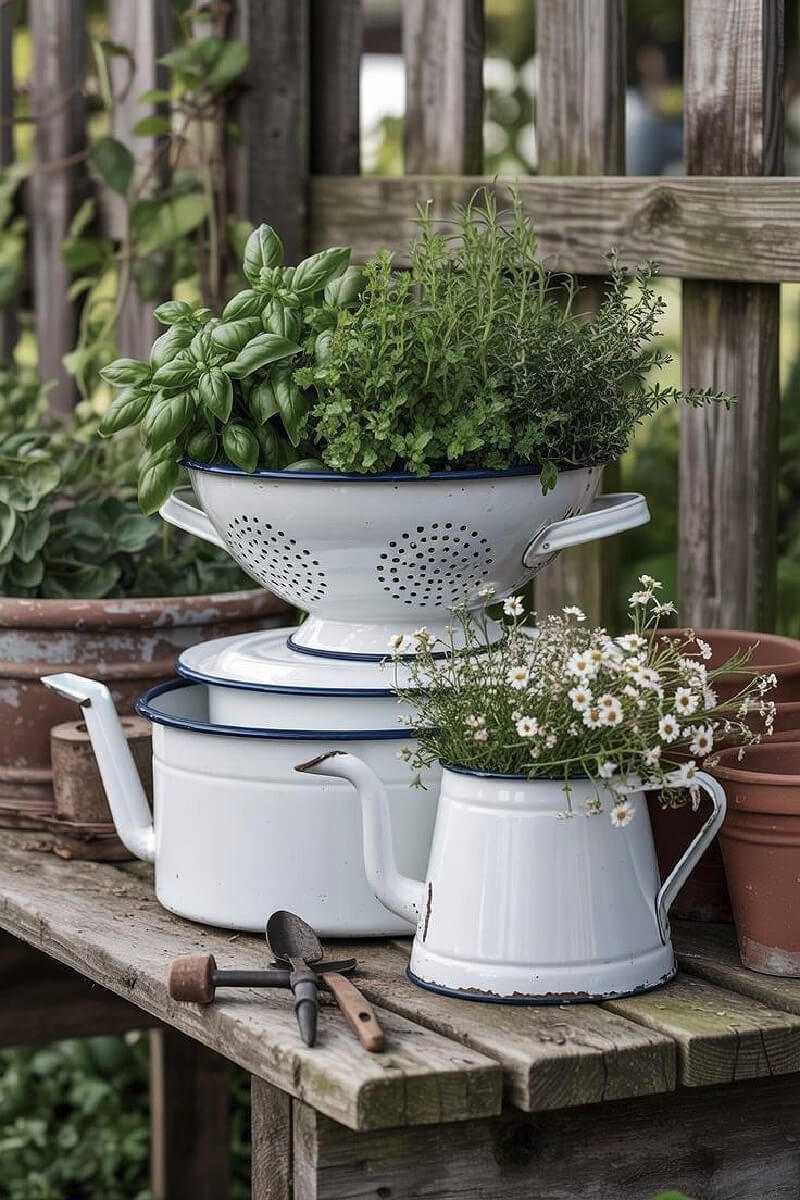 Repurposed treasures for a cottage garden could be enamelware with plants and flowers planted inside.