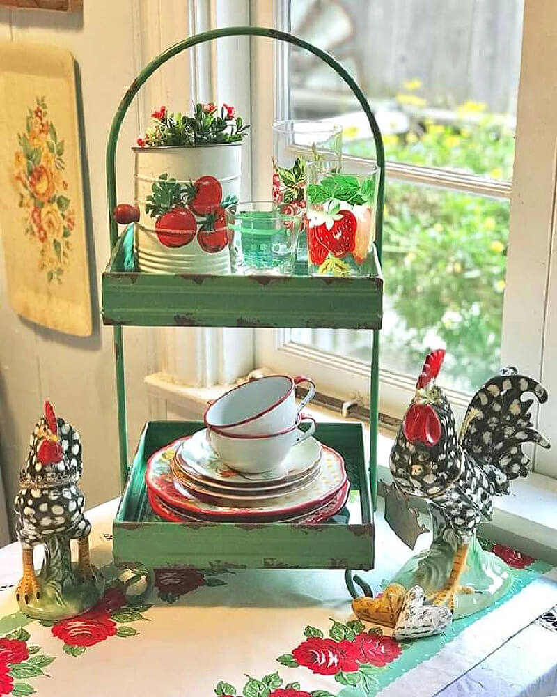 Adding the Tomatocore Aesthetic to Your Home is about focusing on what delights you. Like this cottage scene with roosters and other vintage decor.