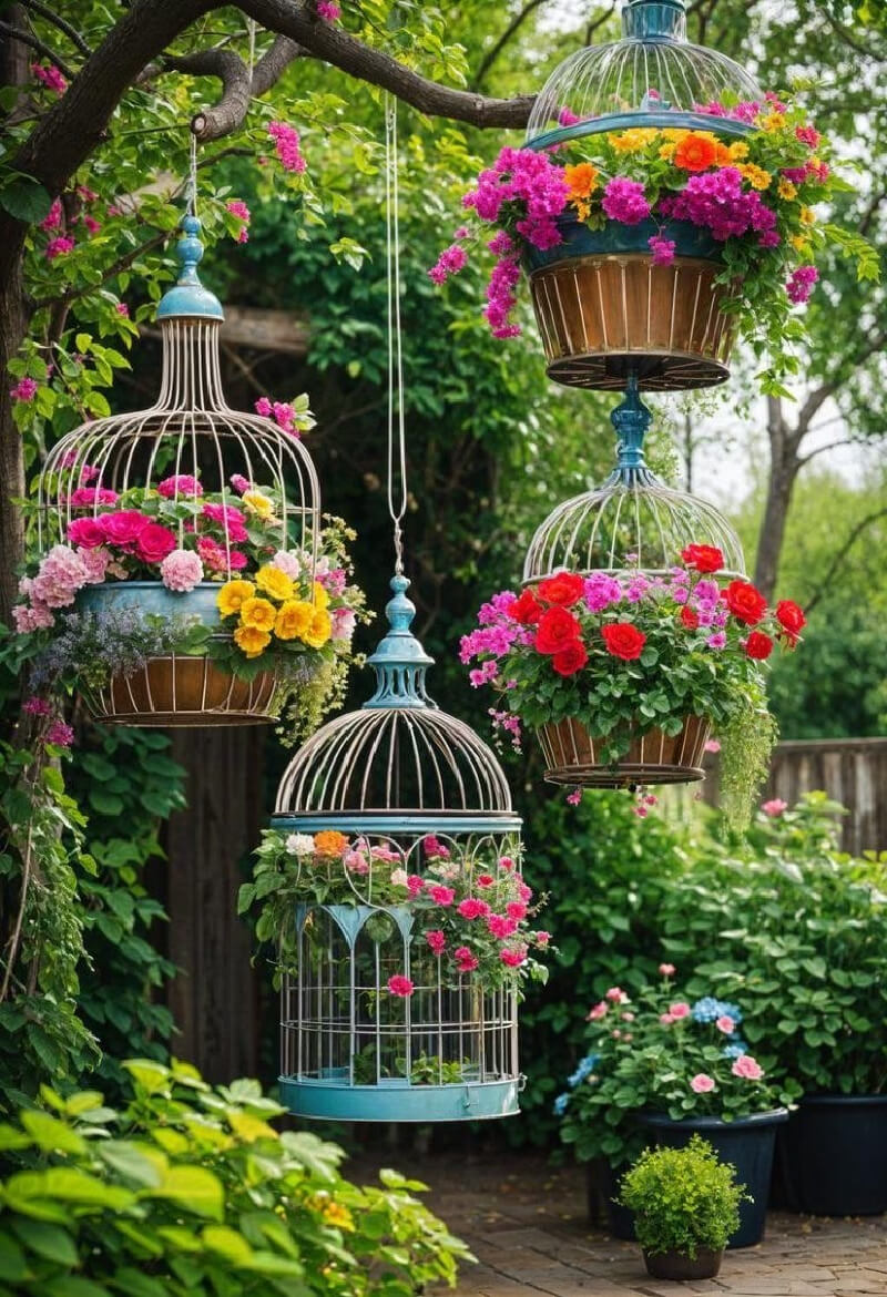 Hanging birdcages of flowers.
