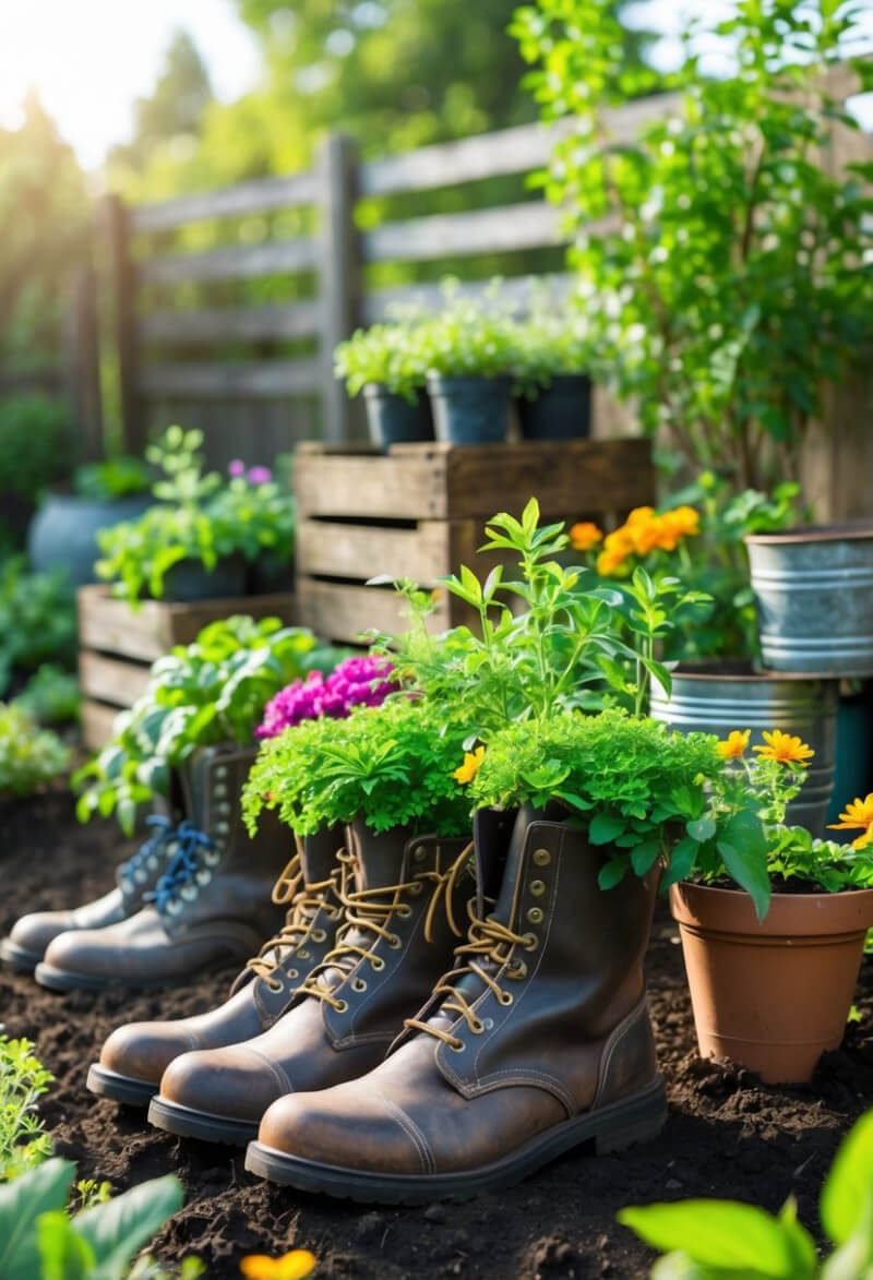 Repurposed treasures for a cottage garden can be old boots with something planted inside.