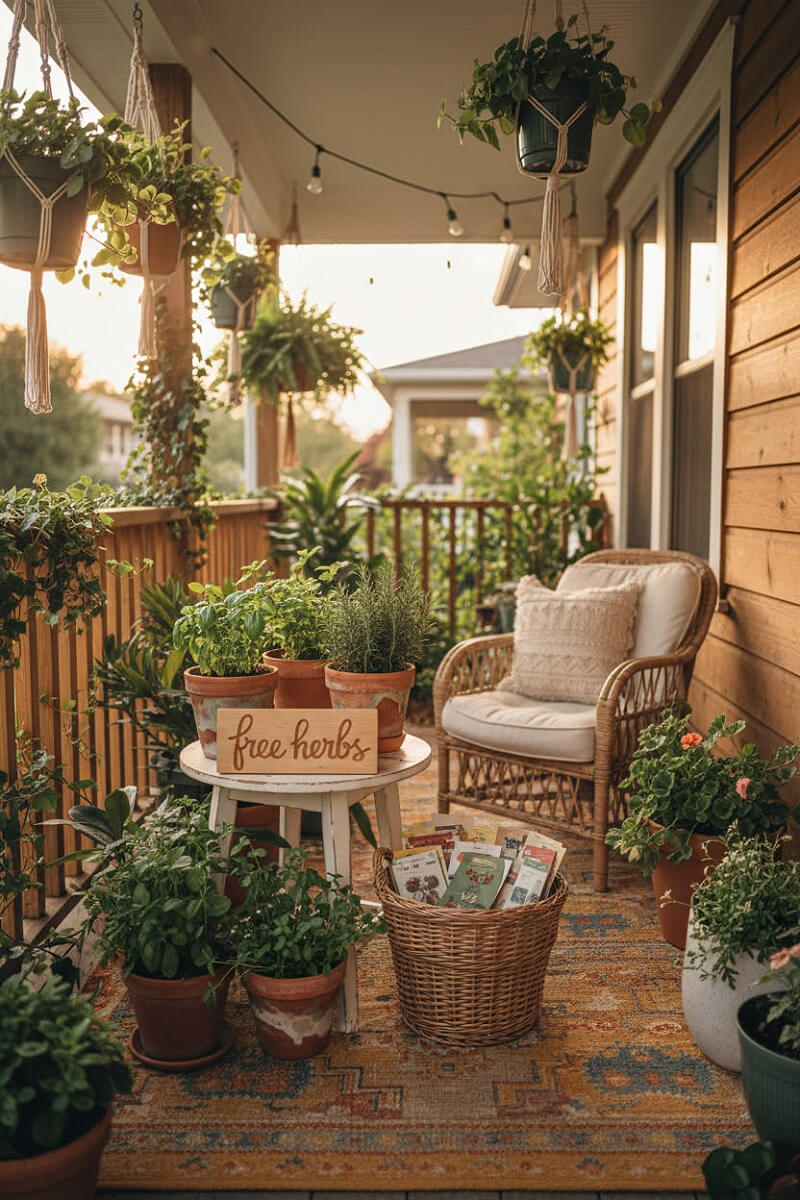 A chair and white table with a sign saying free herbs, with containers of plants.