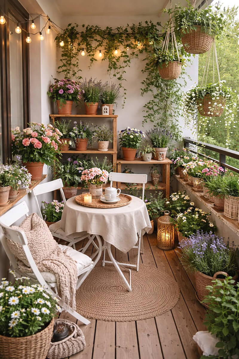 Turn your balcony into paradise with a feminine table with tablecloth, and four chairs.