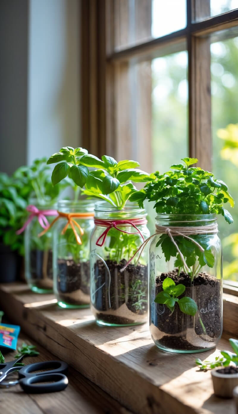 Jars of herbs on a windowsill.