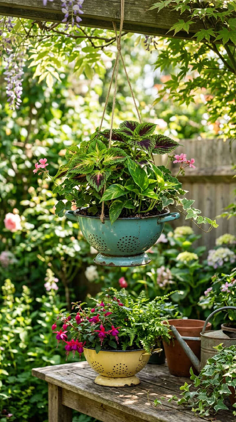 Repurposed treasures for a cottage garden old weathered table with colander of flowers.