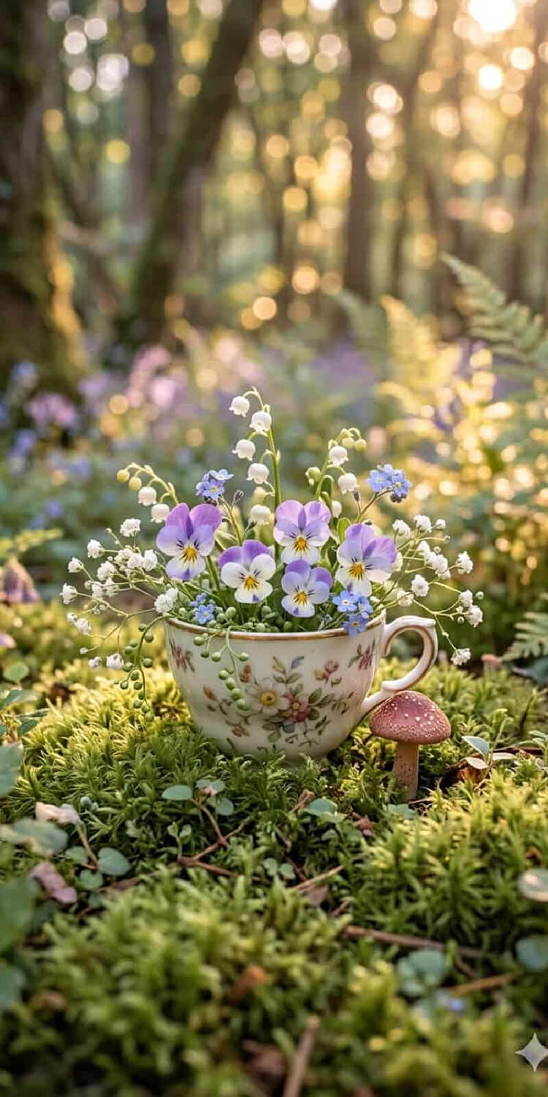 Floral teacup with purple pansies.