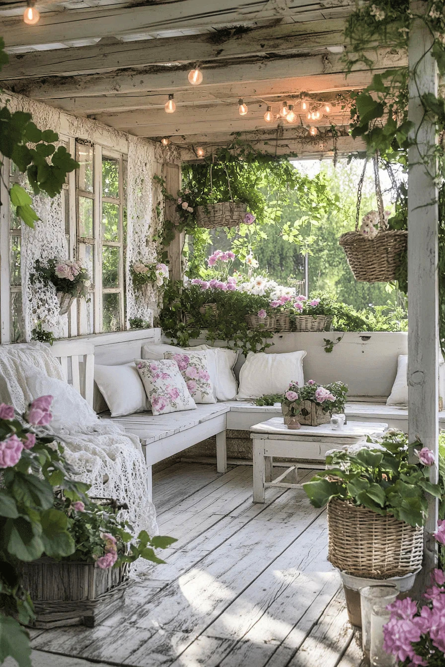 A shabby chic style porch with a L-shaped bench to sit on and pink and white flowers.