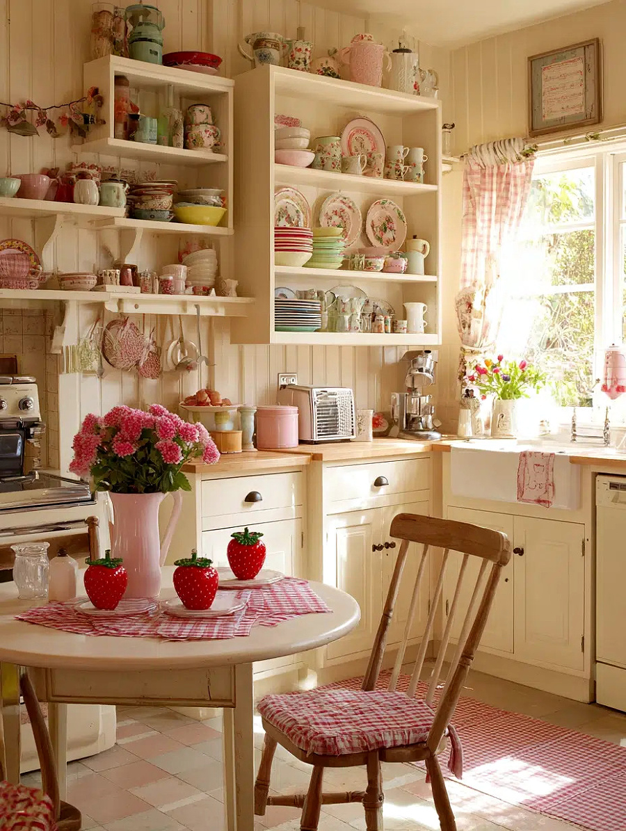 Add a little romance to cottage-core rooms with open shelving and strawberry-themed decor.