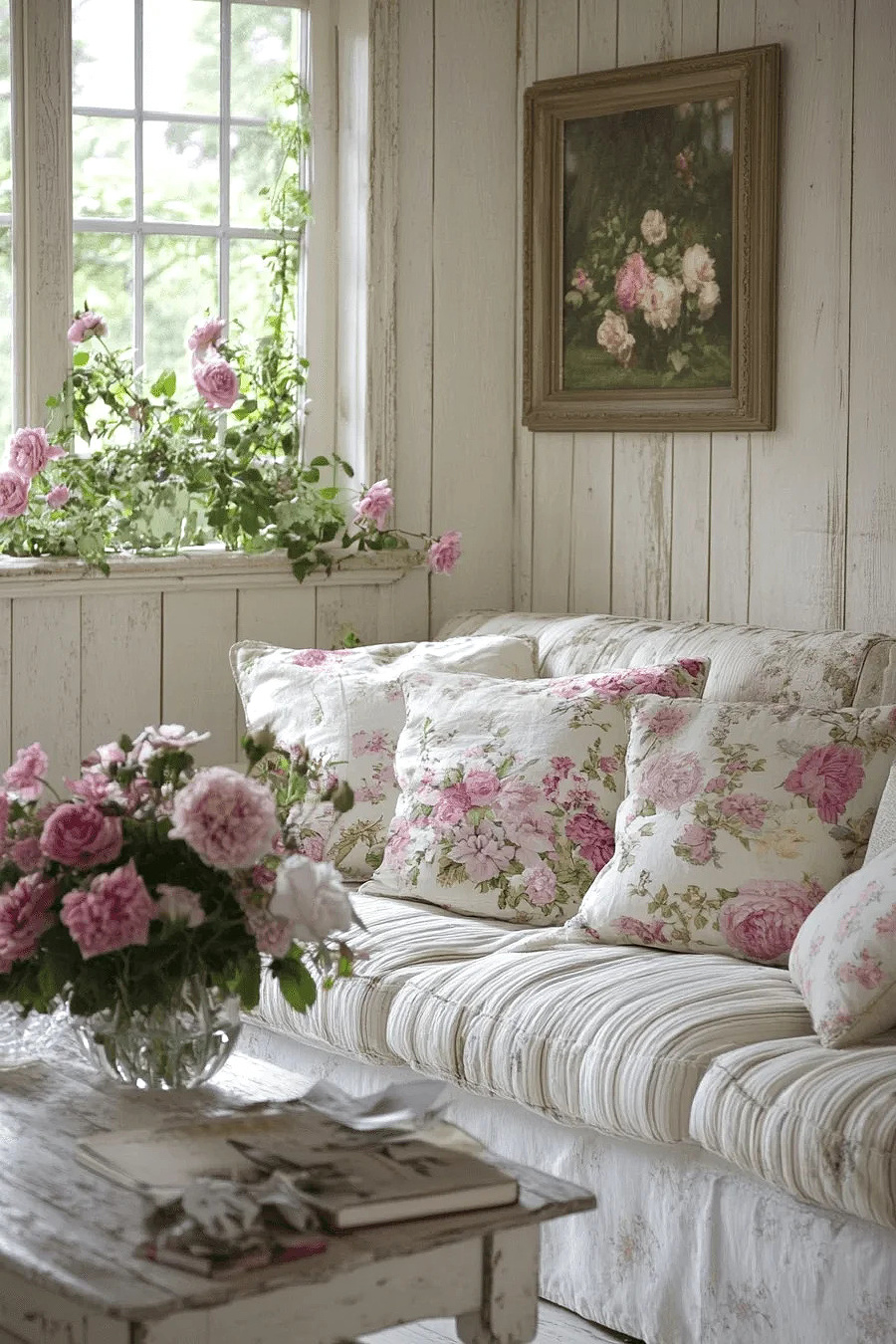 A feminine, shabby chic couch with pink flowers.