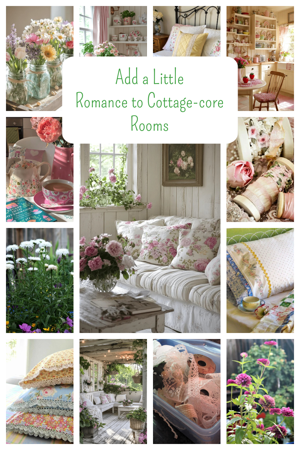 Add a little romance to cottage-core rooms collage.