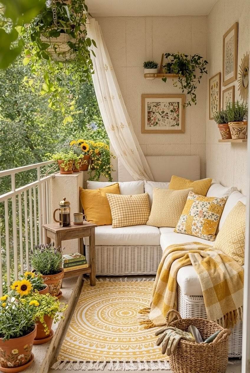 Turn your balcony into paradise with this white wicker sectional with yellow and white accents.