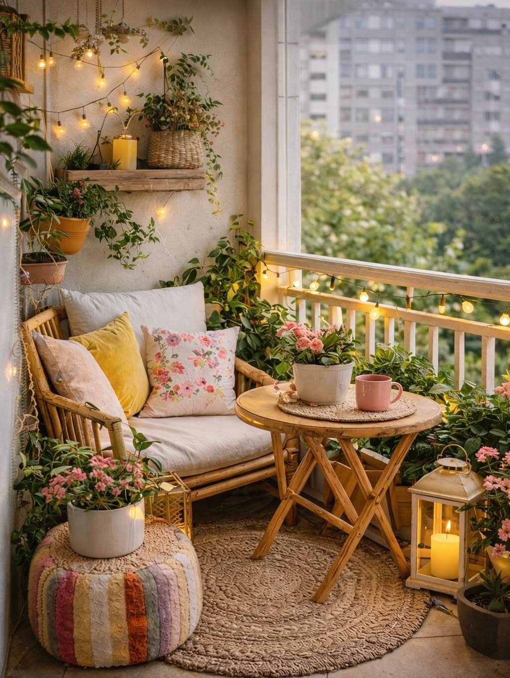 Turn your balcony into paradise with a chair with cushions and a table with a flowering plant and pink coffee mug.
