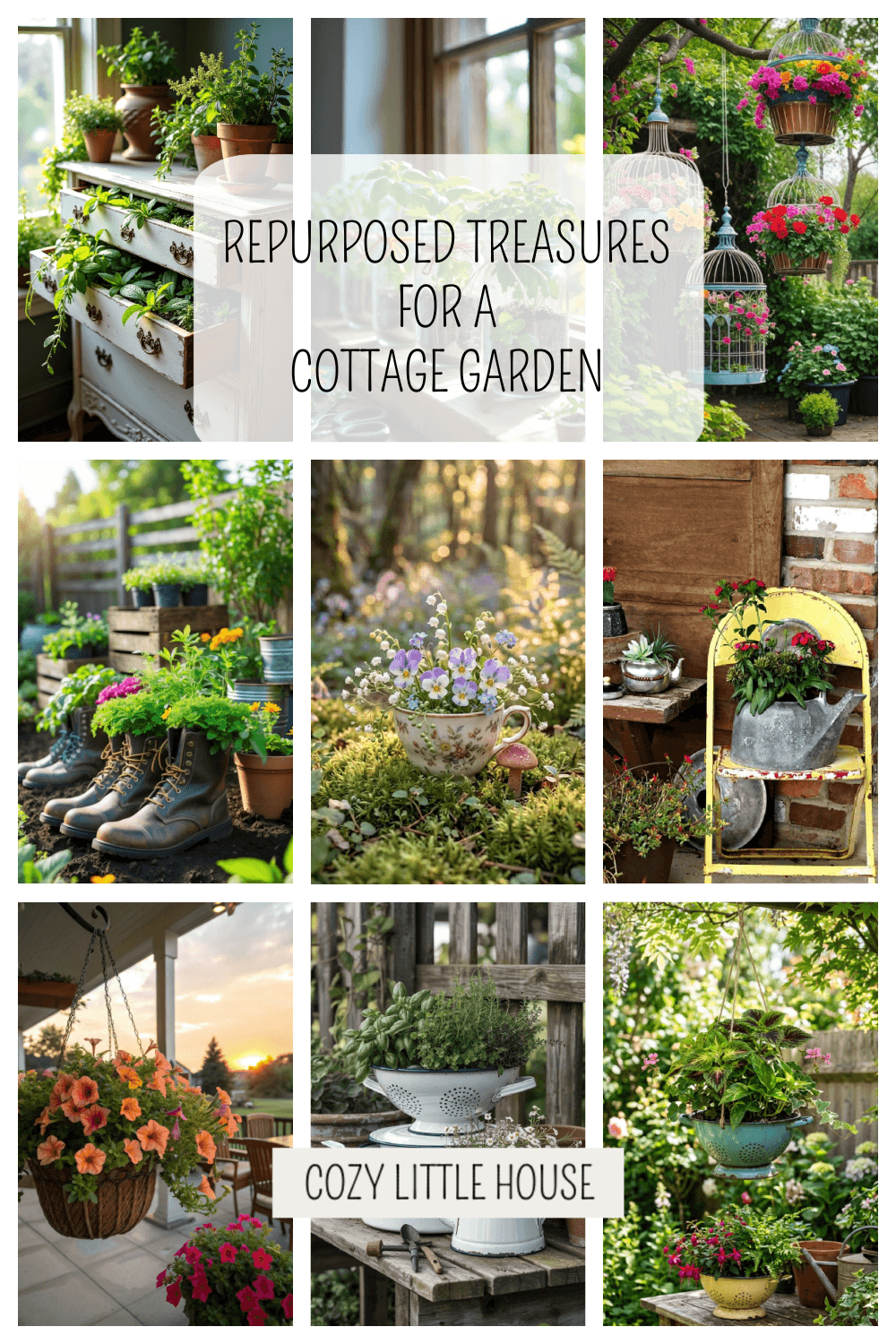 Collage for repurposed treasures in a cottage garden.