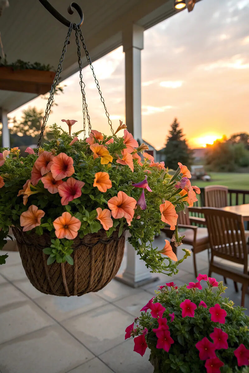 Repurposed treasures for a cottage hanging garden basket of orange petunias.