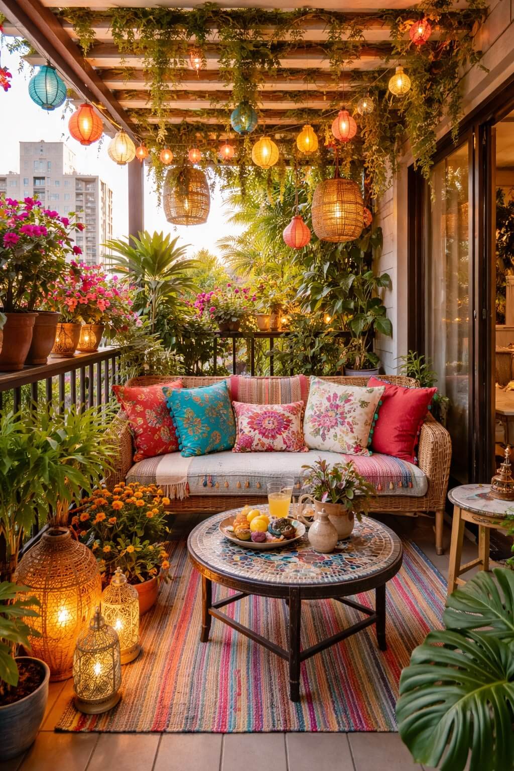 A bohemian-style couch with pillows, a round mosaic coffee table, wicker cylindrical lights and flowers.