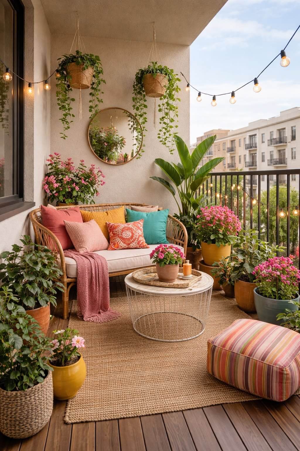 Bohemian decor on a balcony with a rattan settee with colorful pillows among plants.