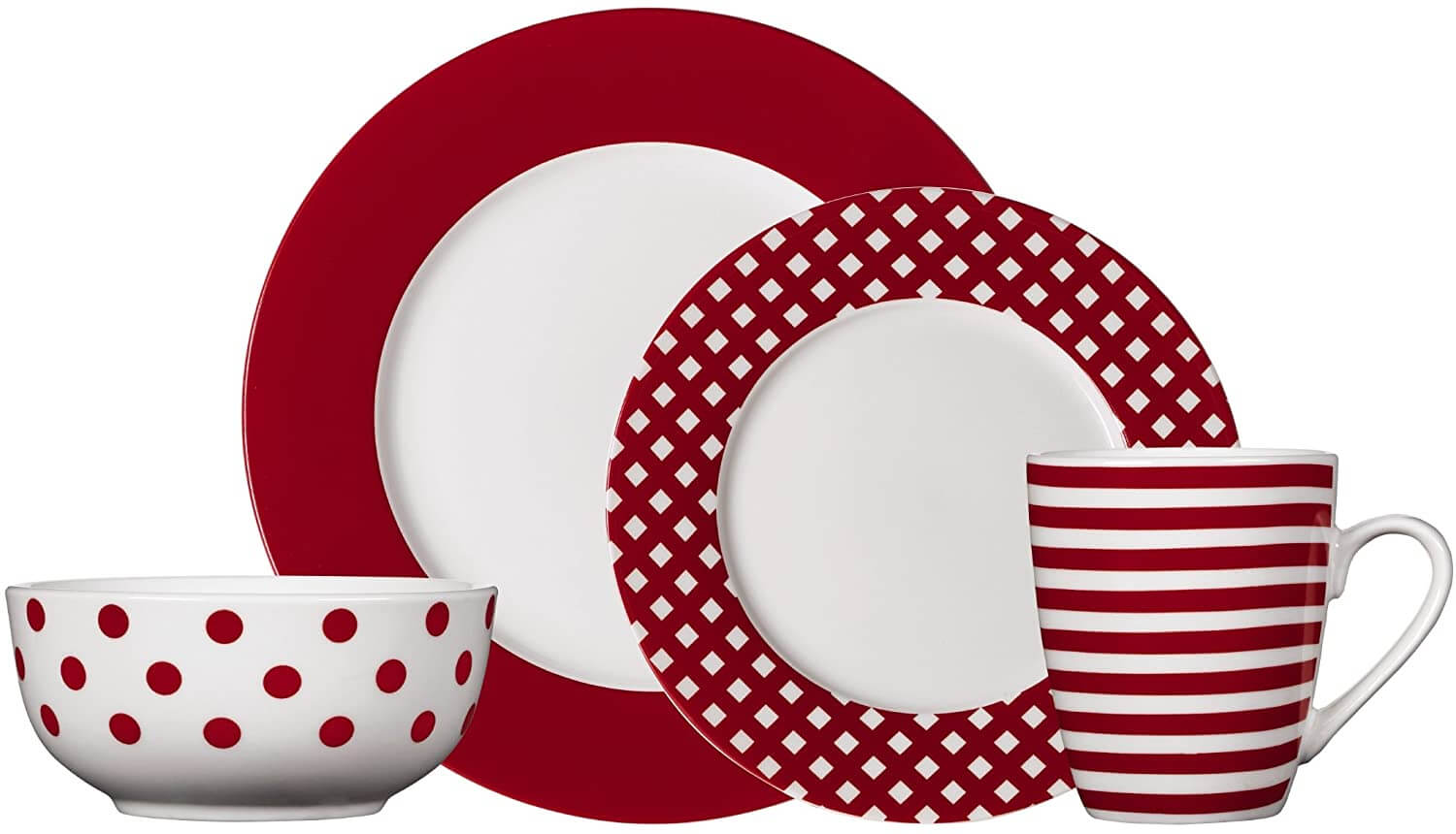 Red and white dishes.