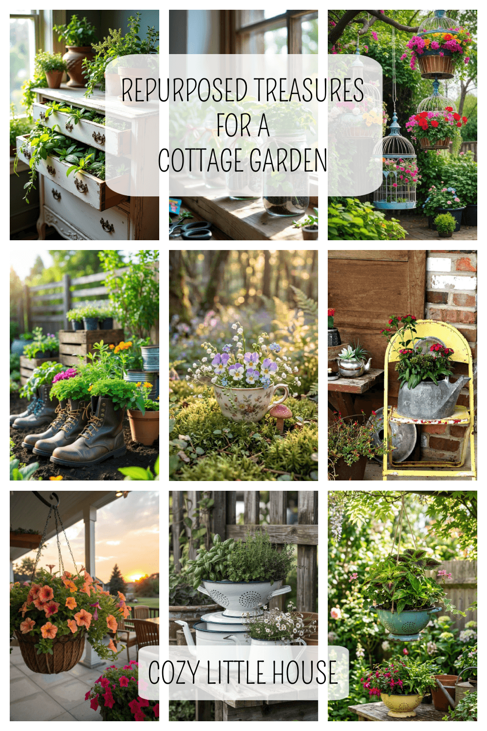 Repurposed treasures for a cottage garden graphic. 