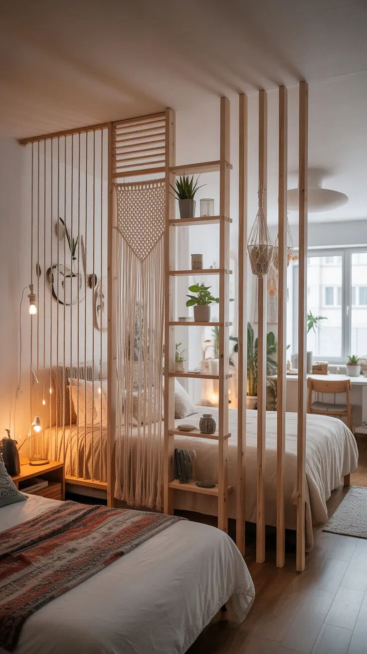 A partial partition creating a place for two beds in one room.