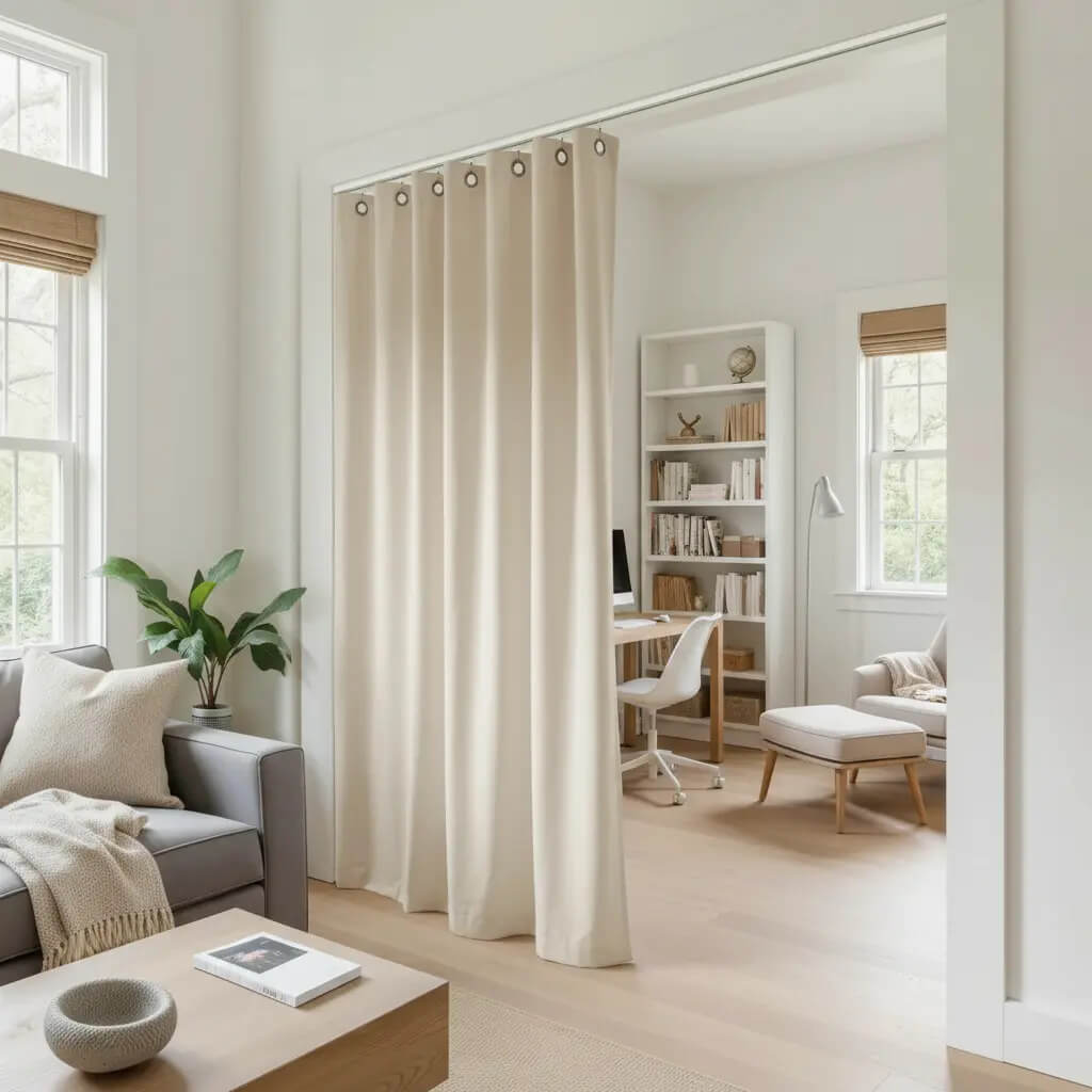 A curtain separating an office area from a living space.
