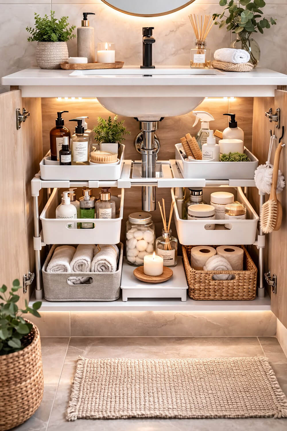 In 26 Bathroom Storage Ideas for Small Spaces, a system of plastic cubbies that goes around the sink pipe.