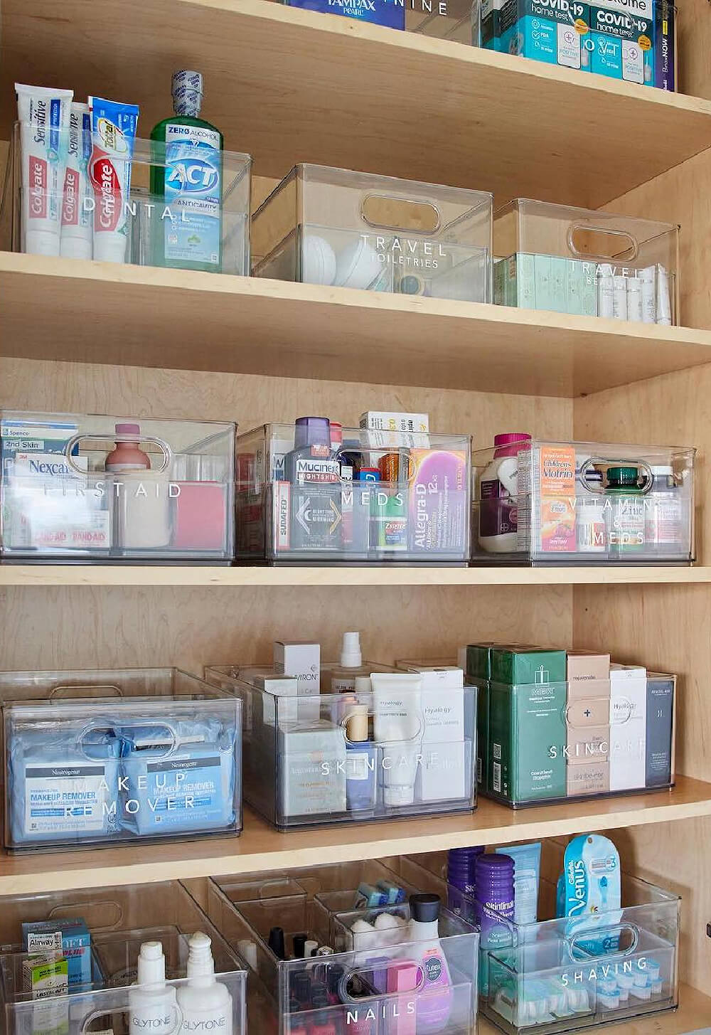 Use clear bins to organize things inside shelves.