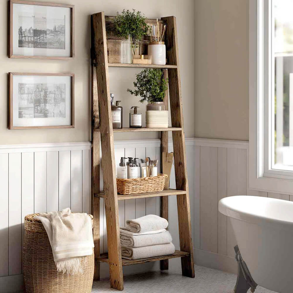 In 26 Bathroom Storage Ideas for Small Spaces, a wooden ladder for storage against the wall takes up very little space.