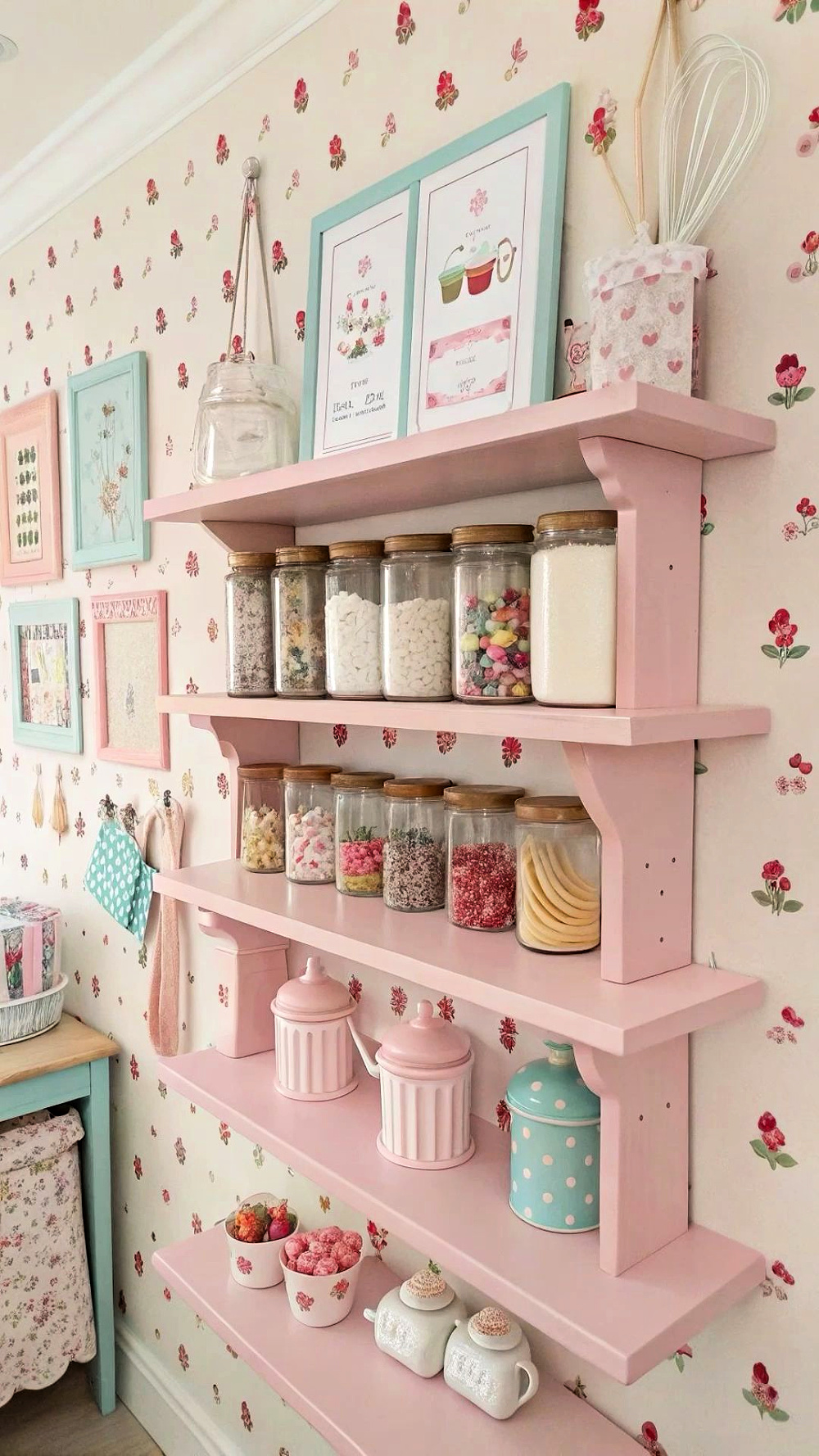 25 Ideas to Organize a Small Kitchen with No Cabinets is by using pink shelves.