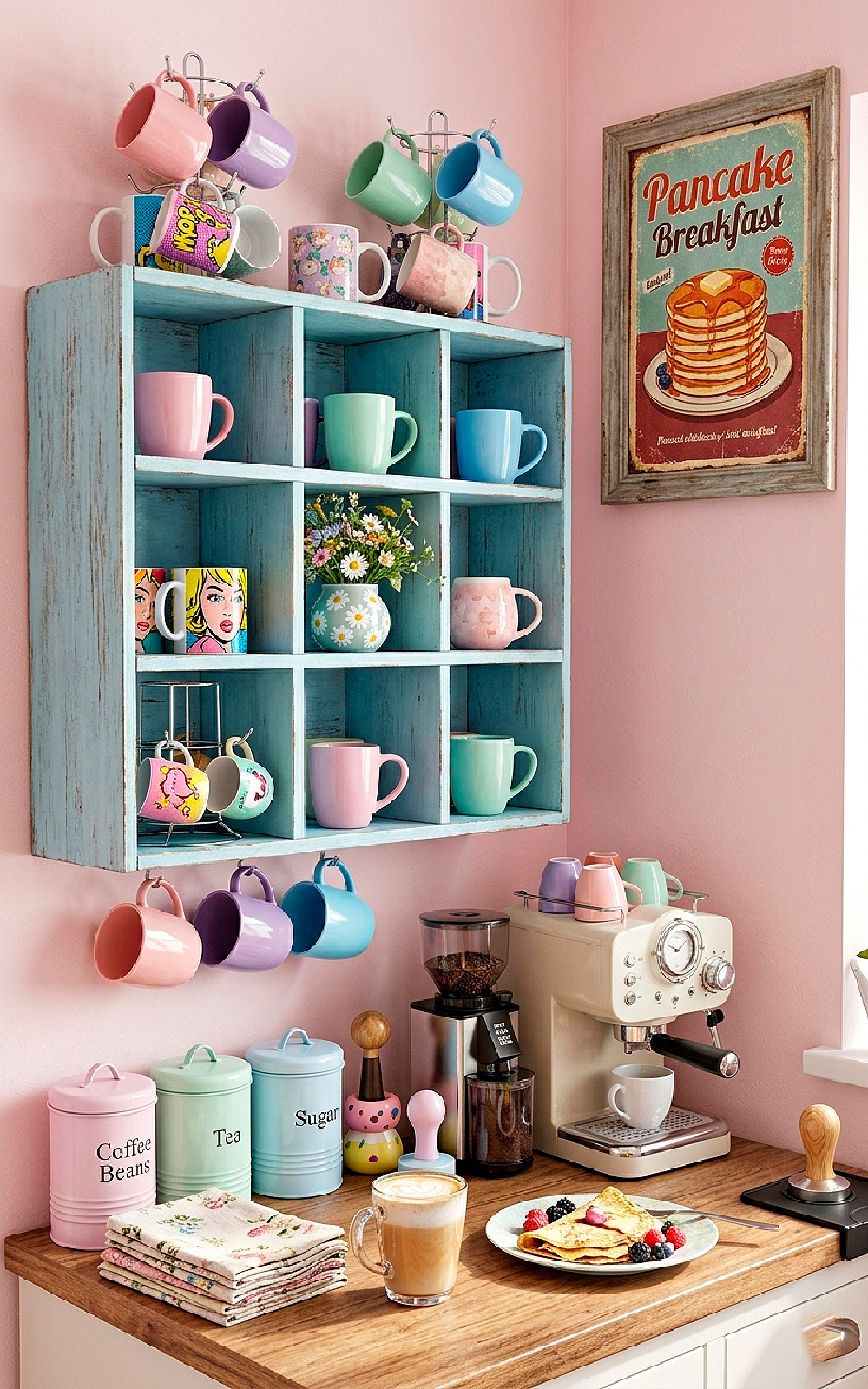 Pastel colors here with blue cubed storage on the wall, and a coffee bar underneath.