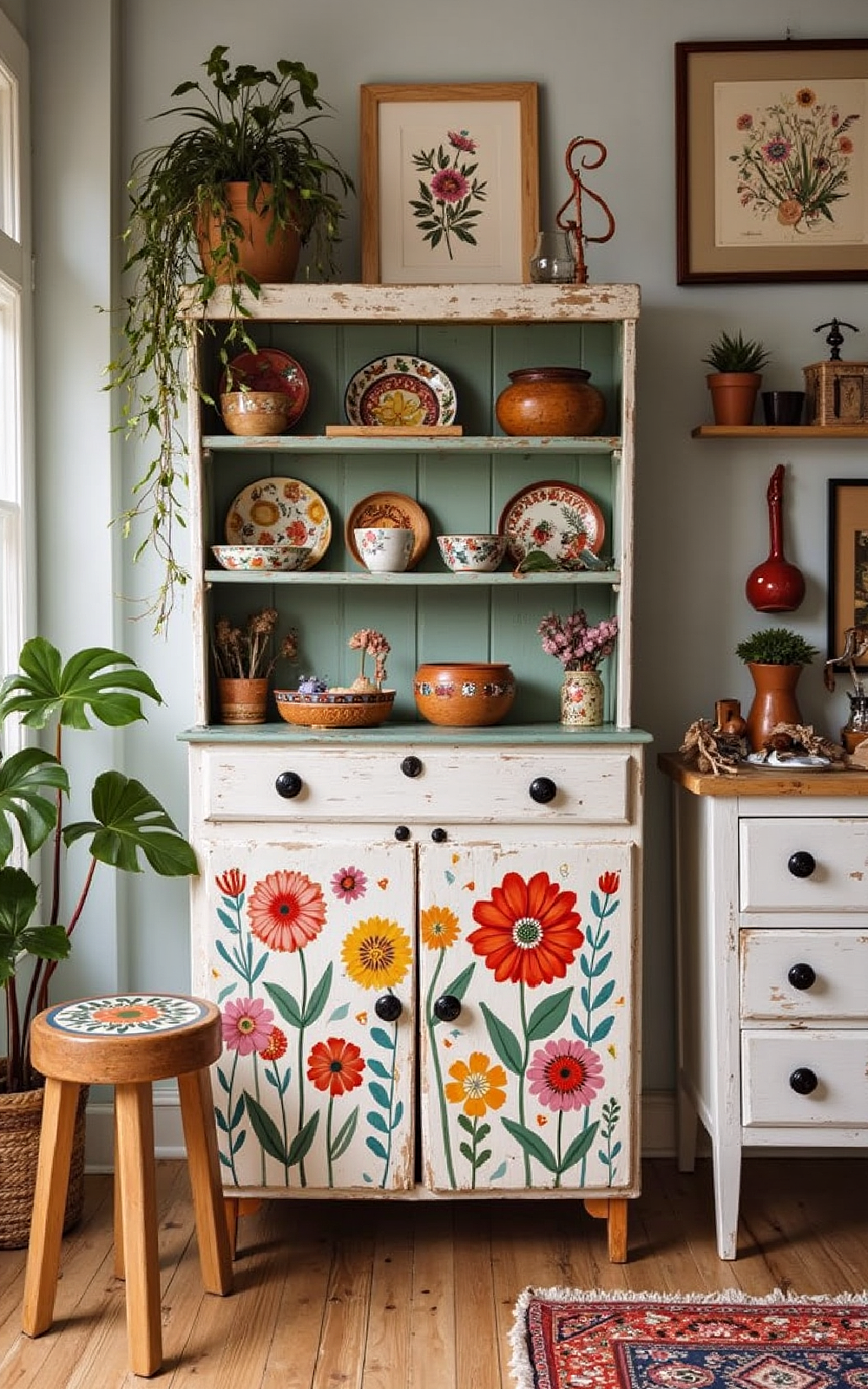 A boho painted cupboard in the kitchen.
