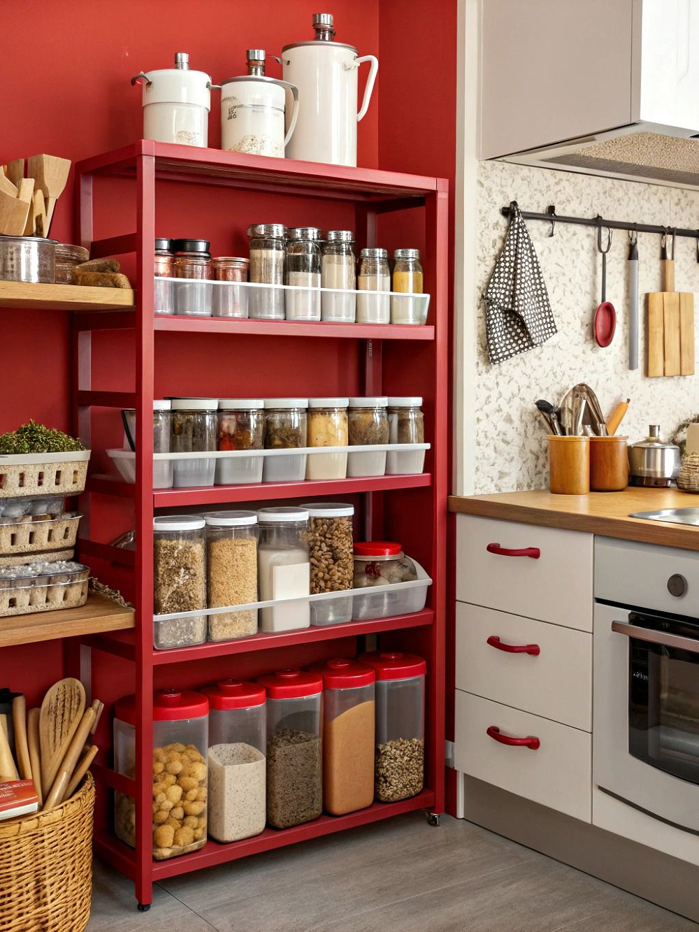 25 Ideas to Organize a Small Kitchen with No Cabinets is by using stand alone shelves like these red ones.