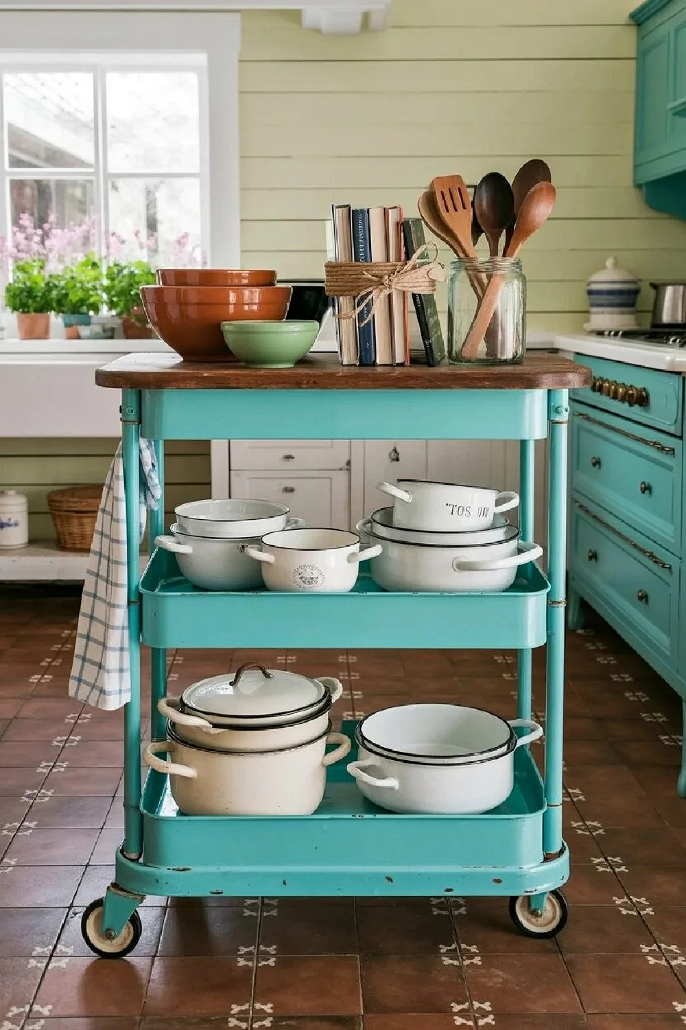 A vintage rolling cart hoilding kitchen pans.