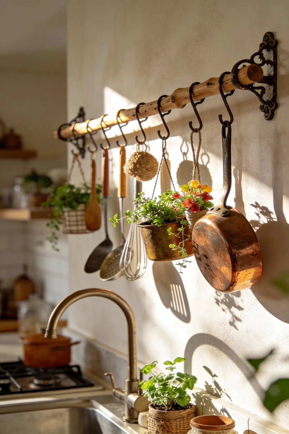 A makeshift pole with hooks holds various kitchen items.