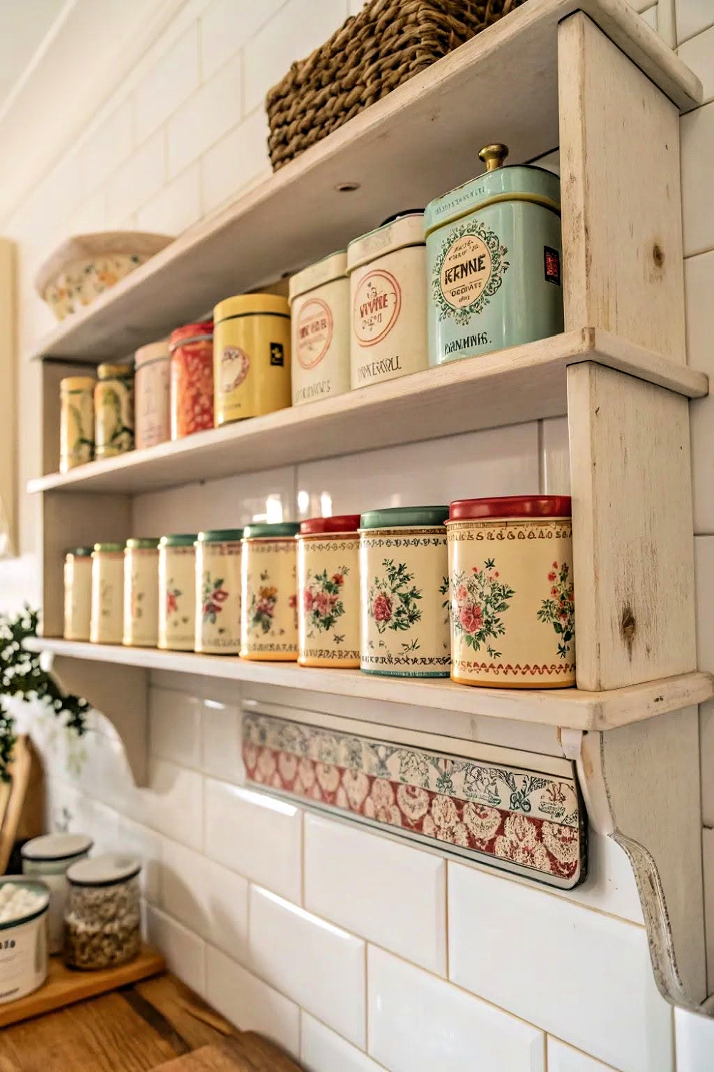 25 Ideas to Organize a Small Kitchen with No Cabinets is by using wall shelves with vintage tins.