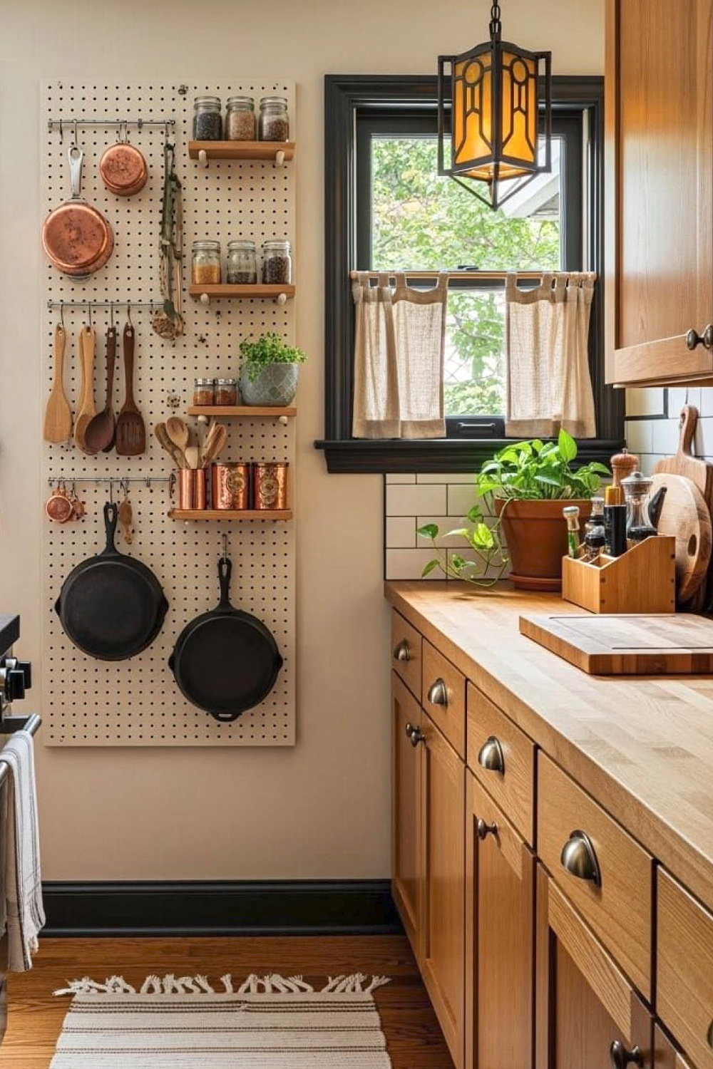 Hanging a pegboard on the wall for skillets, spoons, spices, etc.