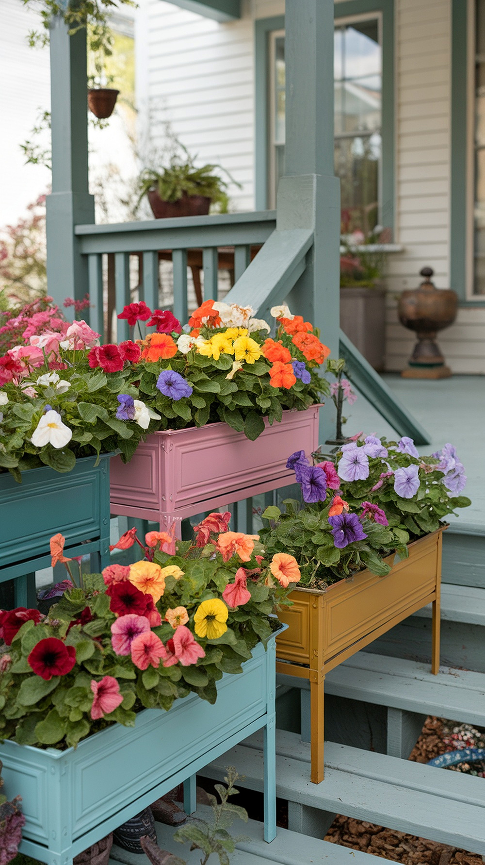 Long colorful metal containers held up by the porch steps with petunias.