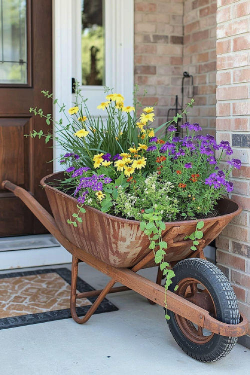 A vintage wheelbarrow with daisies and other plants.