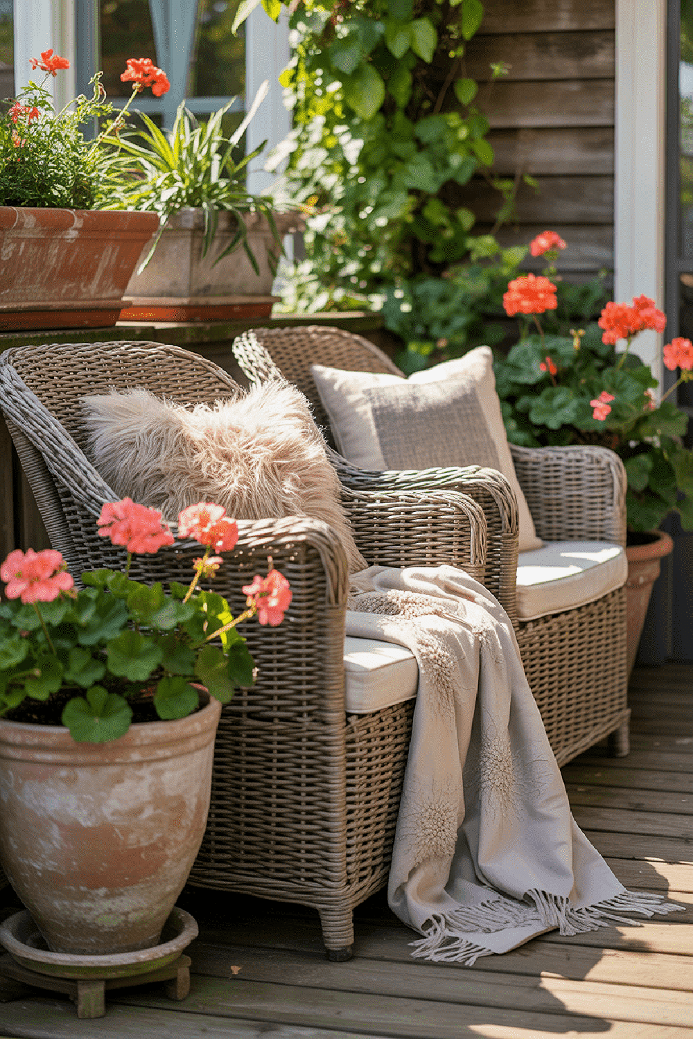 Two gray wicker chairs surrounded by geraniums.